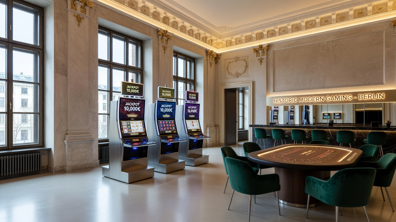 Interior view of Berlin casino gaming floor with historic architectural details paired with modern slot machine arrays and lighting