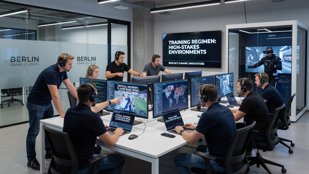 Trainers reviewing performance metrics with casino employees during a high-stakes simulation in Berlin